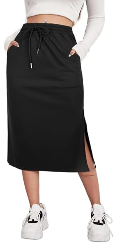 SOFIA'S CHOICE Women's Drawstring Slit Skirt High Waist A Line Midi Skirts with Pockets Black X-Large
