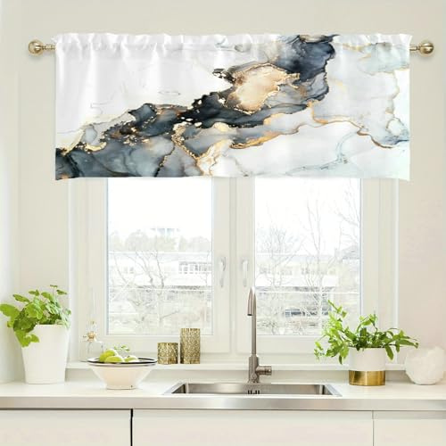 Beydodo Gardine Kurz Fenster 137x45CM, Scheibenvorhang Kurzvorhang Modern Bedruckt Grau Marmor Muster Bistrogardine Küchengardine Blickdicht 1 Stück