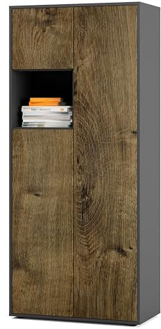 SIMPLYFURN Armadio Ufficio Amira T10, armadio con piccolo vano aperto, Antracite e Rovere Ribbeck, Push-to-Open, 180x80x40 cm, armadio per documenti con ripiano per decorazioni.