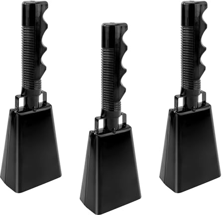 Aramanara 3 Pcs Metal Cowbell for Sports Events, 8.6 inch Noise Maker Cowbell with Handle, Cheering Loud Hand Call Bell for Football Match Stadiums Party Farm Marathon(Black)