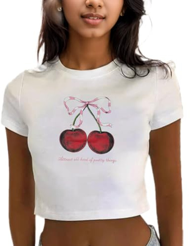 EMOTTOS Hauts Imprimé Cerise pour Femmes, Y2K Slim Fit Court Tops à Col Rond, Cropped T-Shirt Doux à Manches Courtes, Casual Tops Dété Skinny Clubbing Party, Blanc, S
