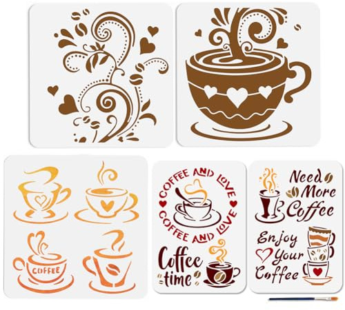 MAYJOYDIY 5 Stück Latte Kaffee Schablonen Kaffeezeit Malschablone | Zeichenvorlage Für Tassen Löffel Mit Pinsel, 5 Stück, 30×30/29.7×21cm, Wiederverwendbare, Für Wand Boden Holz Papier Album