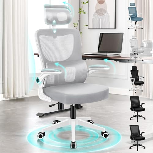 ALFORDSON Ergonomisk kontorsstol, självjusterbar ländryggsstöd, avtagbart nackstöd, S-böjd design, andningsbart nät, 120° lutning, 180 kg för hemmakontor, nyles, vitt och grått