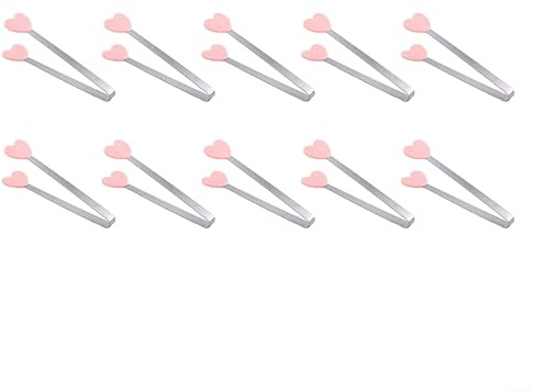 Herzförmige Mini-Lebensmittelzange, 10 Stück, Edelstahl mit Silikonspitzen zum Kochen, Grillen und Servieren, perfekt für Versammlungen (Rosa)