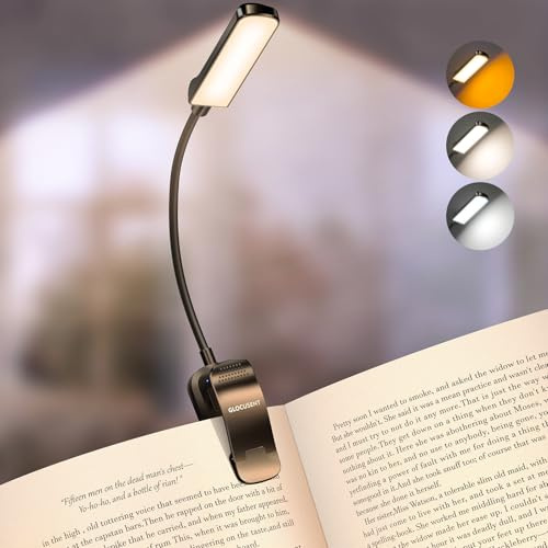 Glocusent Liseuse Lampe de Lecture Rechargeable 120h d’Autonomie, Lampe Lecture pour Lit avec 3 Modes Couleur & Gradation, 3–60LM, 360° Flexible, Indicateur de Batterie, Liseuse Lampe Clip