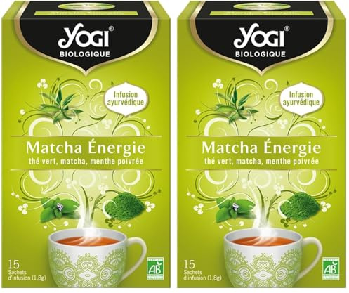 YOGI Biologique Matcha Énergie, Thé Vert 100 pourcent Bio Matcha et Menthe Poivrée, 15 Sachets thermosoudés et sans agrafe, 21.6 g, 310916 (Lot de 2)