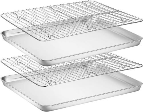 YEENAIV Bakplåt med trådställ set rostfritt stål bakplåtar, rostfritt stål kakform bakplåt med kylställ för rostning/matlagning/torkning (2 ark + 2 ställ)