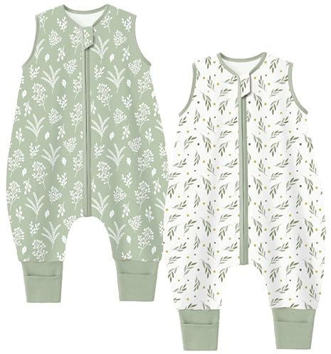 Chilsuessy 2er Pack Baby Sommerschlafsack mit Füßen 0.5 Tog Kleine Kinder Schlafsack mit Beinen 100% Baumwolle Schlafstrampler für Jungen Mädchen, 0.5 Tog/Pflanzen Set, 80cm/Baby Höhe 90-100cm