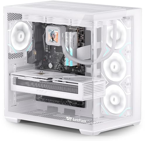 darkFlash C280 E-ATX PC-hölje, spelhölje sexsidig ventilation, stöd för upp till 420 mm AIO, vertikal GPU-montering, backanslutning, typ C, högt luftflöde, inklusive 4 PWM-fläktar (vit)