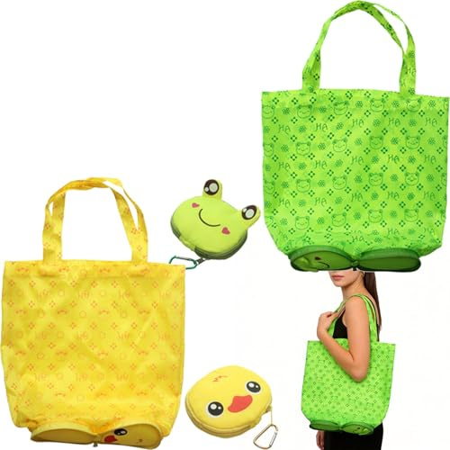 ZenyTra 2er Pack Faltbare Eco Shopper mit Tier-Cartoon | Wasserdichte Mehrweg-Tragetasche mit Ente & Frosch | Wiederverwendbarer Öko-Beutel für Einkauf, Alltag, Strand & Reise | Supermarkt