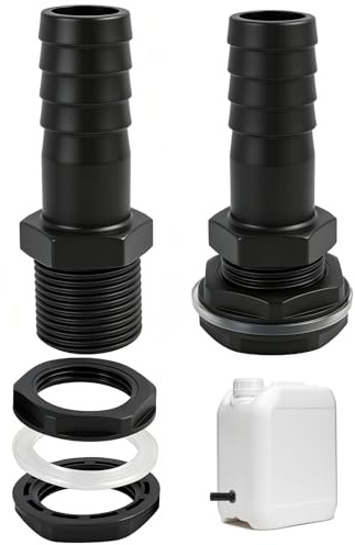 2PCS 25mm Waterbutt Hose Connector, Plastic Tank Outlet Fittings with Hose Nozzle, Quick Install Garden Adapter, Waterbutt Hose Connector for Rain Barrels Water Tank