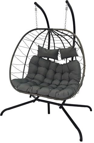 BIRCHTREE Hanging Egg Chair with Thick Cushions and Stand Garden Swing Hammock Chair Indoor Outdoor Sturdy Frame PE Rattan Double for Patio Balcony Grey