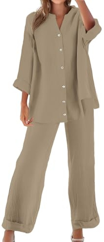 Tuta Donna Completa di Lino 2 Pezzi Pantaloni Lungo Estivo Tuta Elegante Completo Casual Set Estiva Camicia e Pantaloni Cotone Completi Leggera Comodi Tute Curvy Taglie Forti Tinta Unita da Spiaggia