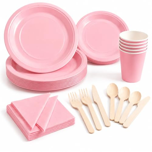 140 PCS Pink Plates Cups Napkins & Cutlery, Party Tableware for 20 Guests | Disposable Party Tableware with Paper Plates, Cups, Napkins & Wooden Cutlery for 20 Guests, Birthdays & Baby Showers