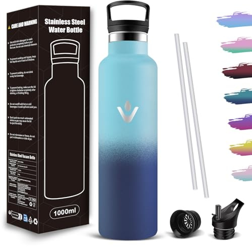 Mujigaga Botella agua Gimnasio 1 litro, Botella Agua Acero Inoxidable Sin BPA, A Prueba de Fugas, Cantimplora con Pajita y Filtro, Water Bottle para Oficina, Deporte, Escuela, Viaje, Hogar, Bicicleta