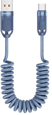 toocki Cable USB A a USB C 1.8M, Espiral con Luz LED, Nailon Trenzado, Azul