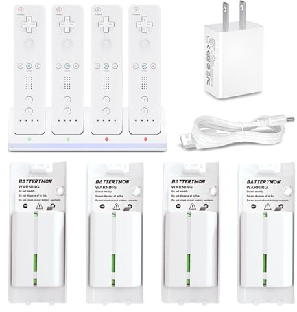 Battery Charger Set Compatible with Wii Remote Wiiu Controller: 4Pack Rechargeable Battery, Remote Charger Station Dock, Wall Socket Adapter, USB Charging Cord (NOT Include Controller)