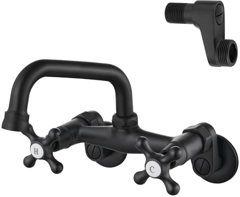 Airuida Matte Black Wall Mount Kitchen Faucet, 6 Inch(15cm) Spout Wall Mount Laundry Sink Faucet, Adjustable Center Double Handles Hot and Cold Water Mixer Tap 360 Rotatable Restaurant Faucet