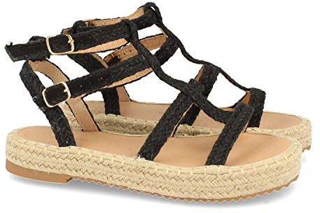 Buonarotti Sandalia Plana para Mujer, Forrado con Yute, Pala en T, y Cierre de Hebillas, Primavera Verano 2021. Talla 36 Negro