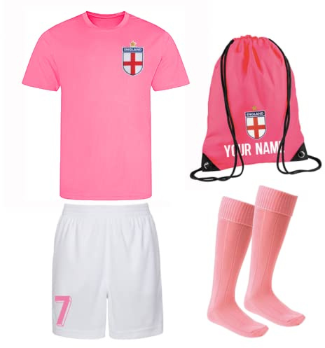 Personalised England Style Kit Pink Football Shirt, Bag, White Shorts, and Socks for Girls and Boys Best Birthday Gift for Children Kids Playwear (7-8 Years)