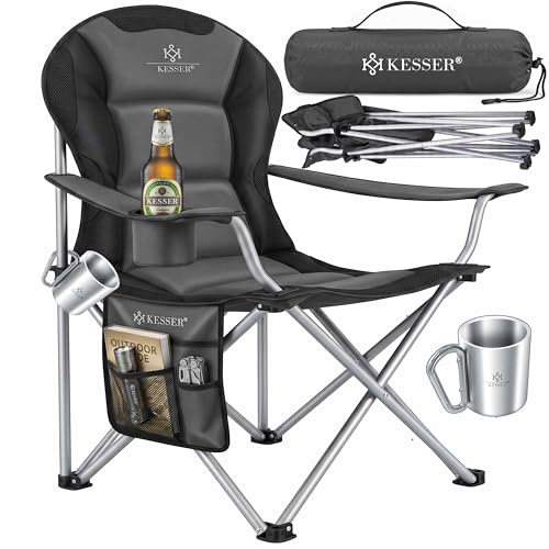 KESSER® Campingstuhl faltbar bis 150 kg Angelstuhl Faltstuhl Klappstuhl Gepolstert mit Armlehnen, hohe Rückenlehne Strandstuhl, Klapphocker inkl. Getränkehalter Tasche & Becher Anthrazit