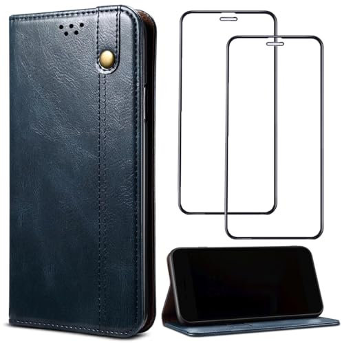 Czhwsm Compatible con Funda Moto E40 Plegable Funda con Ranura para Tarjeta de crédito y Atril, a Prueba De Golpes Cierre magnético Protectora Caso+2X Cristal Templado-Azul