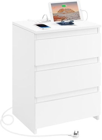 Yaheetech Bedside Table with Charging Station,Sofa Side End Table with 2 USB Ports & 2 Outlets,Nightstand Bedside Cabinet with 3 Drawers for Living Room,Bedroom,Small Spaces,White,35.5x45.5x60.5cm