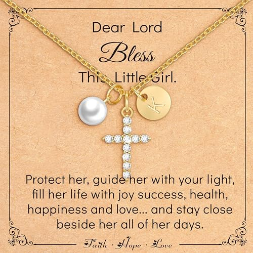 14K Gold Plated Initial Pearl Cross Necklace for Girls Christian Gifts | Letter A-Z Necklace First Communion Baptism Confirmation Pendant Little Girls Religious Gifts for Teenage Daughter Friend