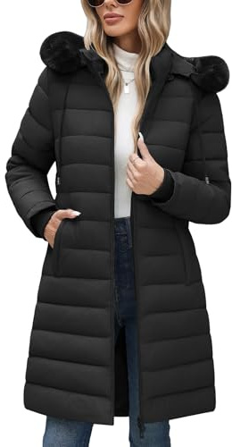 Yuson Girl Abrigos Mujer Invierno Abrigo Acolchado con Capucha Térmico Grueso Chaqueta Forro Polar Largo Elegante Cazadora Cremallera Parka Viento Outwear con Bolsillos(Negro, S)
