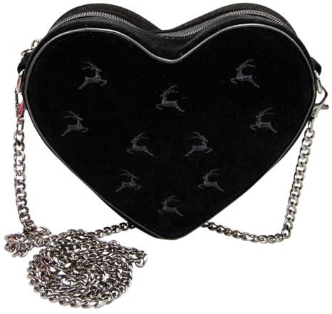Alpenflüstern Trachtentasche Samtherz mit Hirschstickerei - Damen Handtasche, Schultertasche fürs Dirndl, Tasche zur Tracht, Dirndltasche mit Metallelemente (schwarz) DTA105