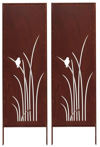 Kapaga - Lot de 2 brise-vue en métal - 160 x 50 cm - Patine - Aspect rouille | Pour jardin et terrasse - Corten - Élément brise-vue - Pare-vue - Clôture décorative de jardin - Rouille (herbe avec oiseau)