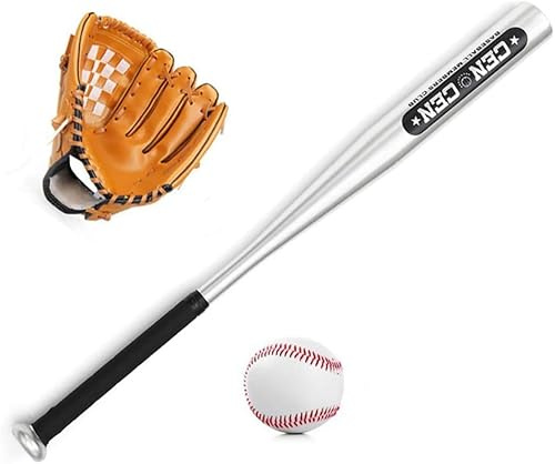Set di Palline da Baseball Mazza da Baseball + Baseball + Guanti da Baseball Mazza da Baseball in Lega di Alluminio da 25 Pollici Guanto da Baseball in PVC da 10,5 Pollici Kit D, Brown, One Size