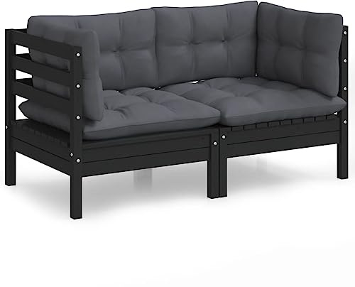 Mhdvray 2-Sitzer Gartensofa Schwarz aus massiver Kiefer 63,5 x 63,5 cm mit Anthrazit-Kissen, modulare Lounge Couch für Balkon, Terrasse und kleine Outdoor-Ecken