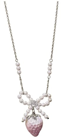 Oxxggkao Collana con ciondolo a forma di fragola con perle e fiocco, elegante gioiello per il collo, per donne e ragazze, regalo per clavicola, elegante gioiello per il collo