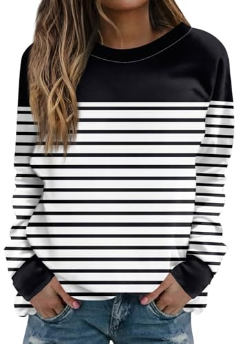 Sweatshirt dam lång oversize randig tröja dam elegant höst | Tröja Y2K långtröja casual toppar ledig topp rund hals långärmad tröja sportig tröja Y2K t-shirt tonåring flicka