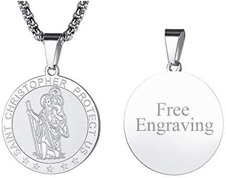 FaithHeart St Christopher Necklace for Men, Personalised Saint Christopher Pendant Catholic Jewellery Stainless Steel/Gold/Black, Patron Saints of Travellers Christening Gifts for Boys Child