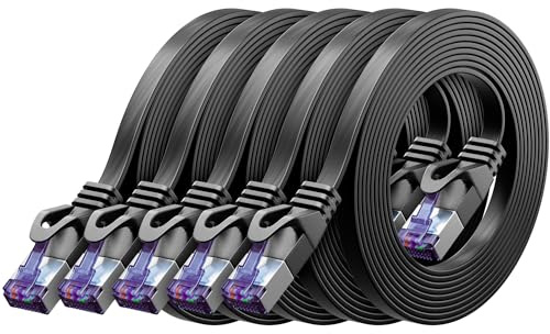 deleyCON 5x 0,5m Câble Réseau CAT7 plat (CAT 7 avec 10 Gbit/s) Gigabit LAN - RJ45 Ethernet Liaison Patch Courte Plate - pour Internet Switch Routeur Modem Panneau Patch - Noir