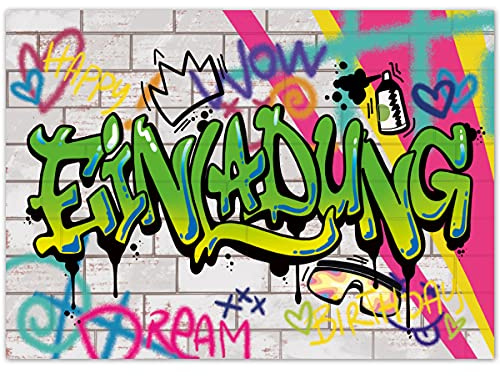 Einladungskarten Graffiti Kindergeburtstag 12er Set – coole Geburtstagseinladungen für Mädchen, Jungen, Teenager bis 12 Jahre – universelle Einladung Karte, Partyeinladung Einschulung und Geburtstag