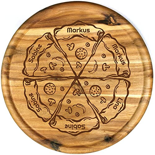 Sterngraf Pizzateller mit Gravur (Namen) personalisiertes Holz Pizzabrett 32cm - Geschenkidee zum Geburtstag, Geschenke Jahrestag Jubiläum, Akazienholz, MotivP8 Pizzastücke