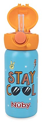 Nuby Thirsty Kids No Spill Flip-It Active Stainless Steel Travel Cup, 14 Oz, Stay Cool Print