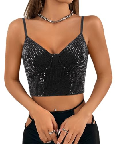 Naimo Damen Glitzer Pailletten Crop Top Ärmellos V-Ausschnitt Tank Tops Weste Sparkle Camisole Bluse Party Rave Oberteile