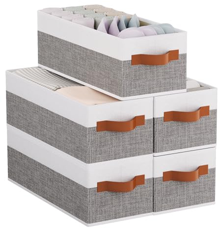 YheenLf 5 Stück Aufbewahrungskörbe mit Griff, 38x15.5x13cm, Grau/Weiß | Aufbewahrungskorb,Faltbare Stoffbox,Schrank Organizer Kleiderschrank,Aufbewahrungsboxen in Badezimmer,Ordnungsboxen