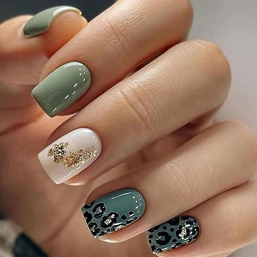 AKOFIC 24 Piezas Uñas Postizas Cortas Cuadradas, Press on Nails Francesa con Diseño, Verano Uñas Postizas Decoradas sin Pegamento, Uñas Postizas que se Pegan para Mujeres y Niñas (Brillantes Leopardo)