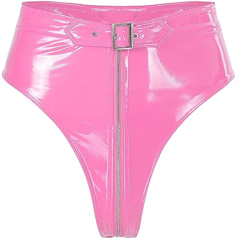 TiaoBug Dam wetlook ouvert-trosor stringtrosa med hög midja bikinitrosa lack läder hipster glänsande shorts med dragkedja googo kläder klubbkläder, ROSA, 4XL