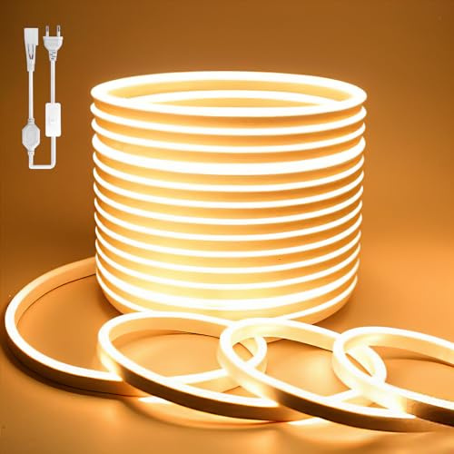 BAGZY Neon LED Streifen 15M Aussenbereich, Neon Wasserdicht Strip 230V Outdoor 120 LED/M Flexibler DIY Lichtband für Innen Weihnachtsfeier Aussenbereich,mit Netzteil und Controller (Gelb,15Meter)