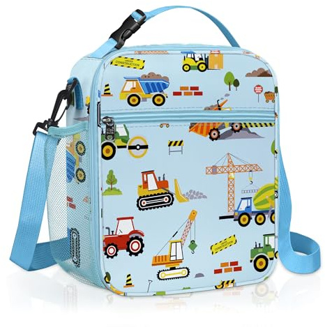 Clastyle Car Insulated Kids Lunch Bag Truck Large Thermal Cooler Bag for Boy Picnic School Lunch Box Tote,Blue Construction Trucks