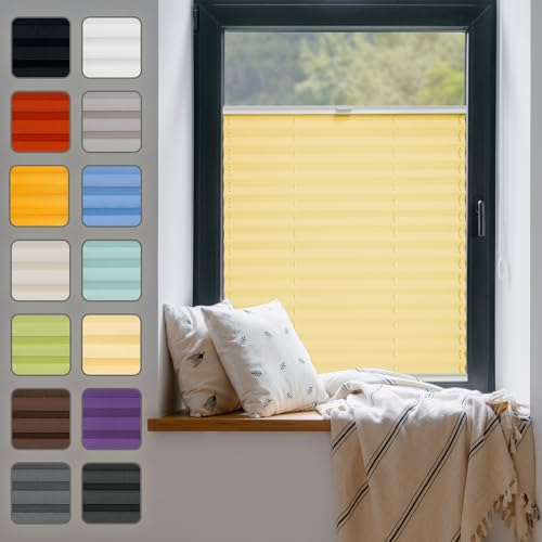 Fenster Plissee ohne Bohren zum Kleben Innenrahmen - Thermo Plisseerollo Innen - Rollo Jalousie, Halterungen auf Rahmen, Faltrollo, Sichtschutz, Blickdicht, für Fenster & Tür - Gelb, 25 x 120 cm