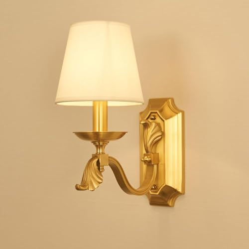 TCHAU Lampada da parete europea E14 in ottone for interni Lampade da parete in rame a 1 luce con paralumi in tessuto di lino a imbuto Lampade da parete doppie for camera da letto Soggiorno Vanità Bagn