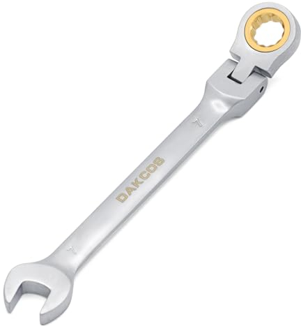 DAKCOS Kombi-Ratschenschlüssel 7mm - Ratschenringmaulschlüssel mit Gelenk aus CR-V mit mattierter Chromoberfläche
