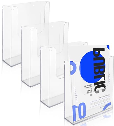 VIDETOL Pack de 4 Portafolletos de Pared Acrílico A4, 224 x 42 x 241 mm, Soporte para Folletos Transparente, Portafolletos de Pared con Tubo de Expansión con Tornillos para Menú, Catálogos, Folletos